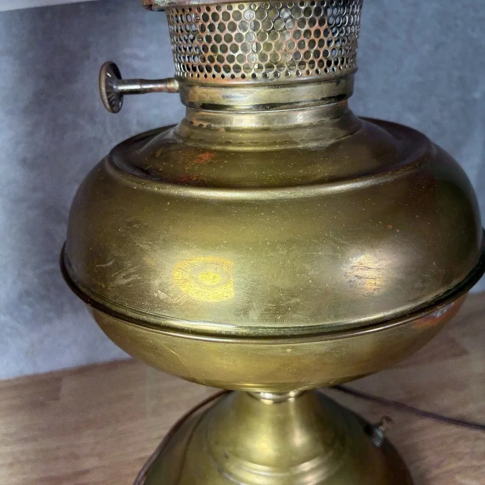 Vintage Brass Rayo Electrified Oil Lamp-Glass Chimney & White Milk Glass Shade